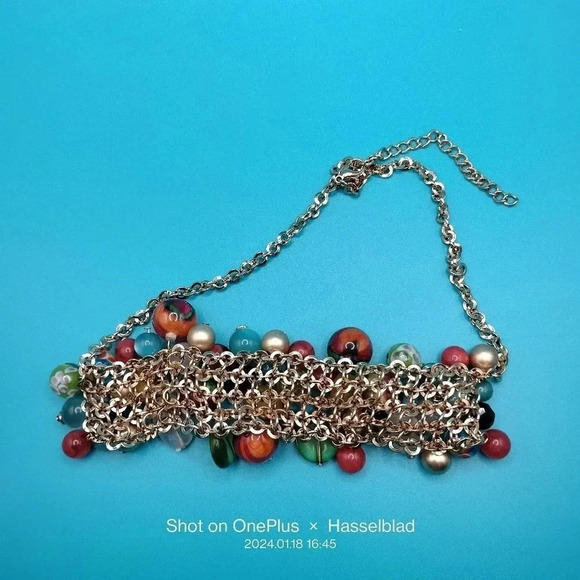 Colorful Multiple Glass Bead Ball Gold Tone Statement Fashion Necklace Cluster - Picture 6 of 9